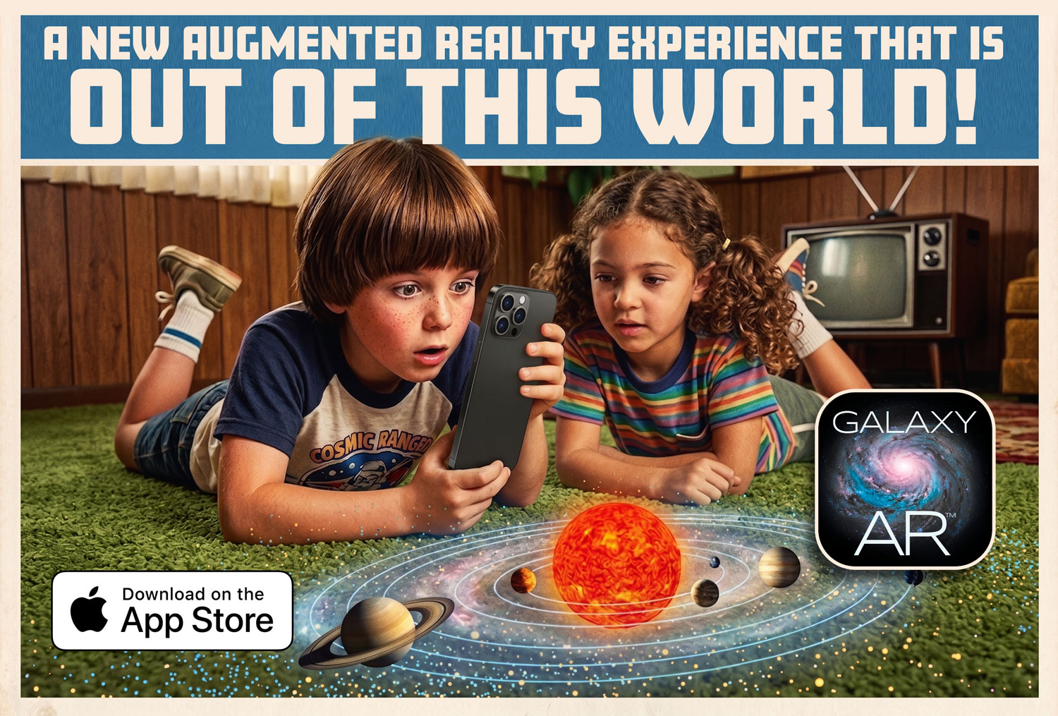Two children exploring a galaxy and solar system augmented reality experience with the Galaxy AR app