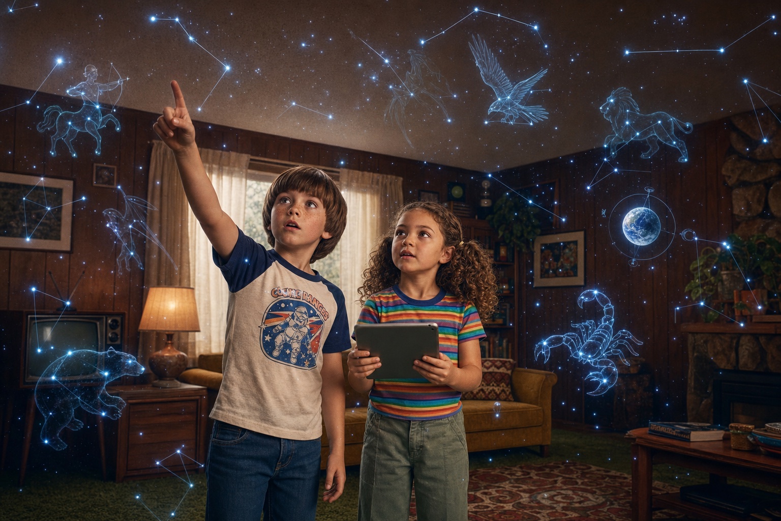 Children using a tablet to explore glowing Galaxy AR constellation stars and lines throughout a room