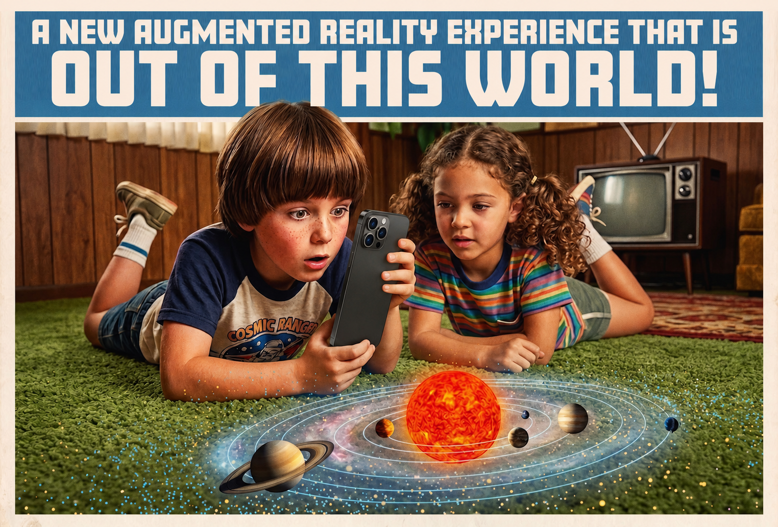 Two children exploring an interactive Galaxy AR planetarium and solar system experience
