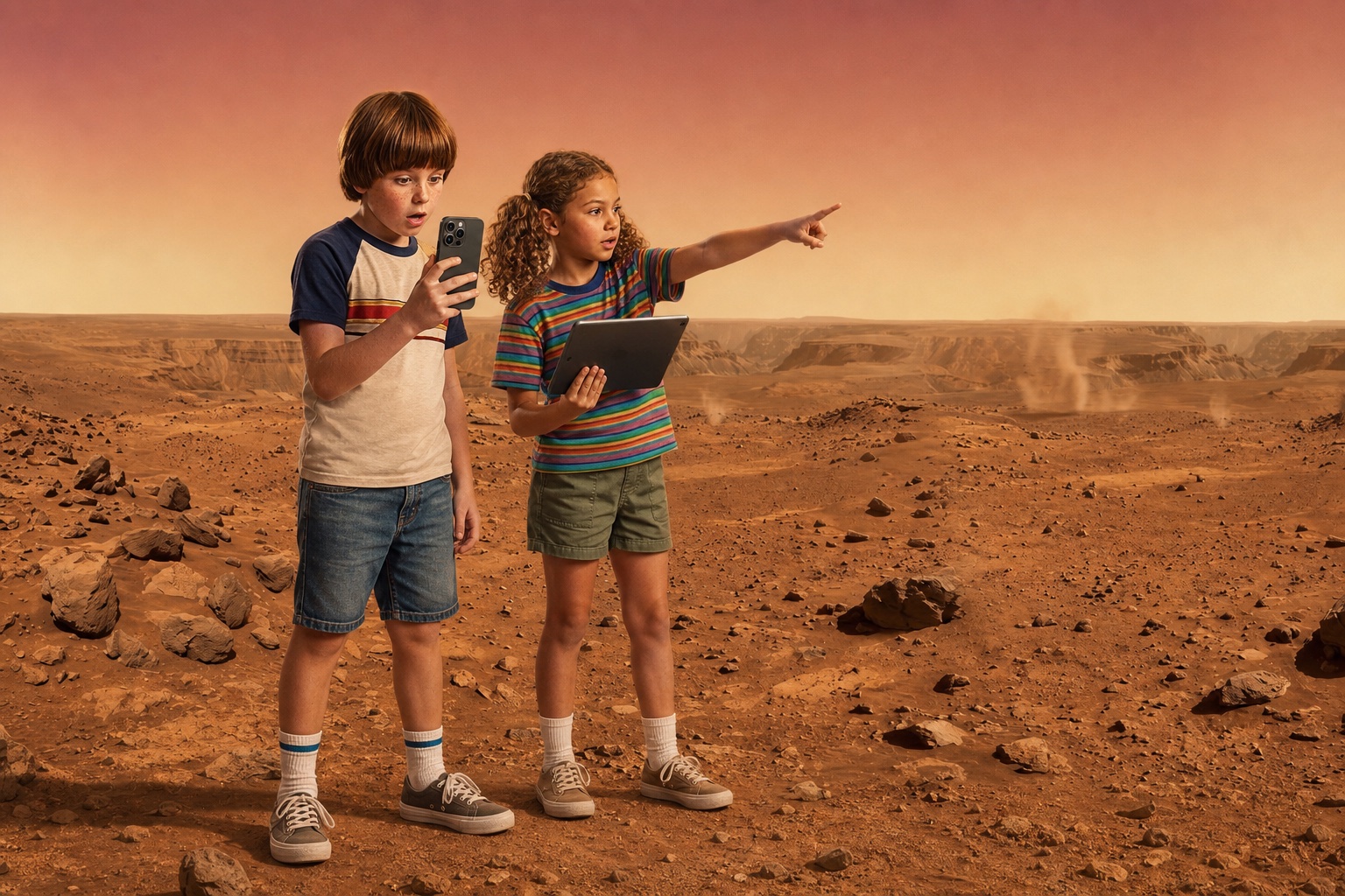 Two children holding a phone and tablet while exploring the Galaxy AR Mars surface experience