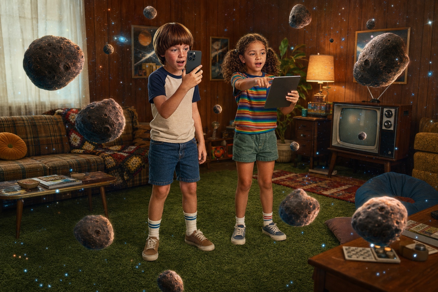 Two children using a phone and tablet while a Galaxy AR meteor field floats around their room