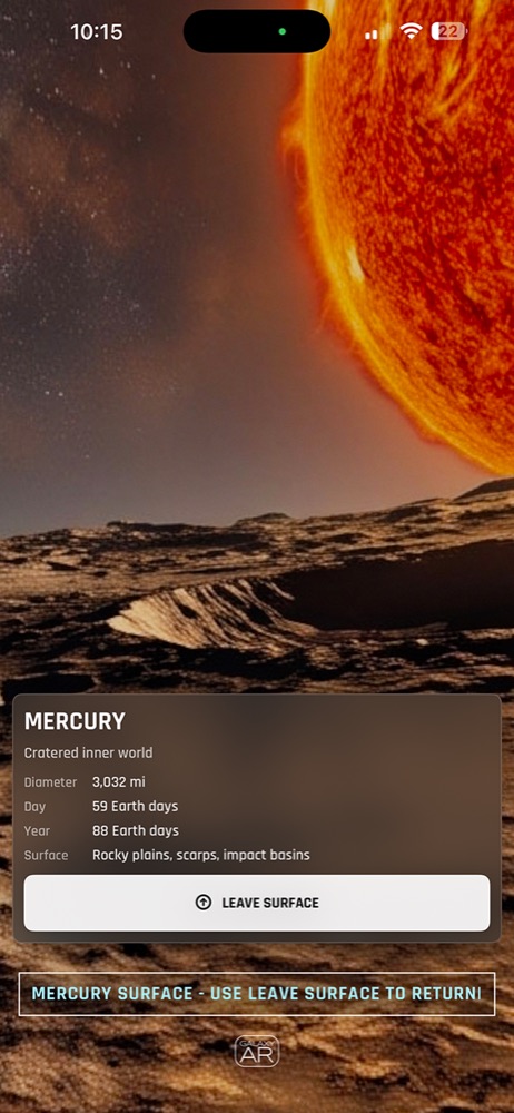 Galaxy AR IMG 4509 Mercury surface visit showing cratered terrain, the Sun, Mercury facts, and the Leave Surface control