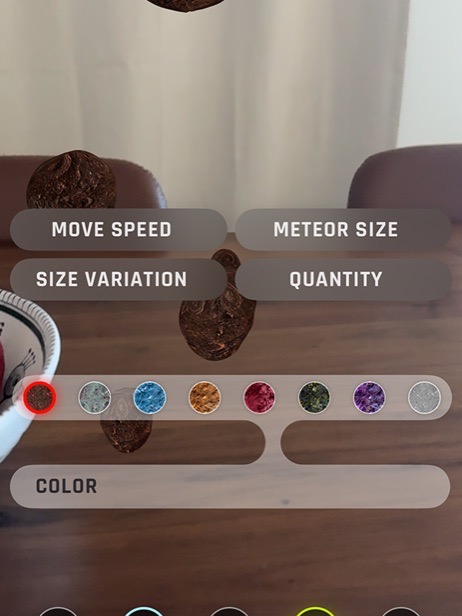 Cropped Galaxy AR meteor controls showing speed, size, variation, quantity, style, and color