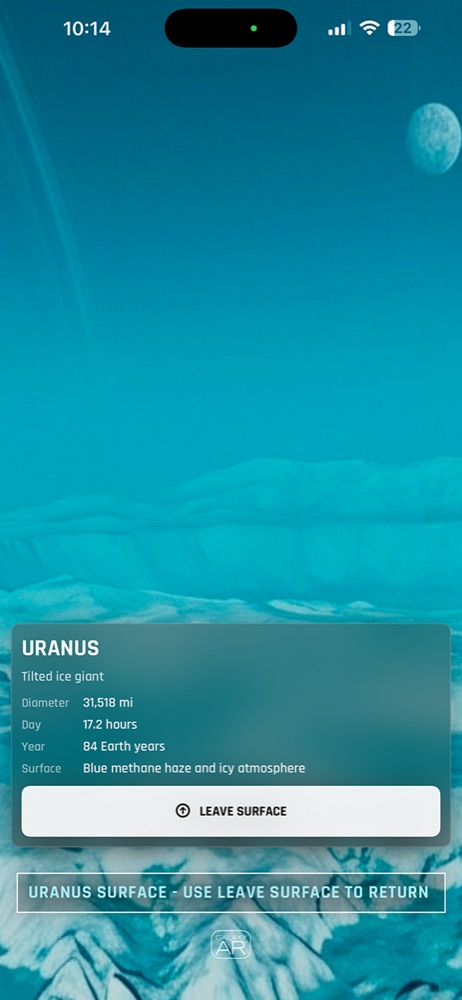 Galaxy AR Uranus surface visit with planet facts and Leave Surface control on iPhone
